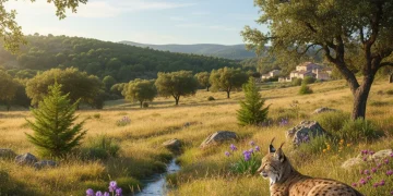 Paisaje español vibrante con lince ibérico y águila imperial, símbolos de recuperación de especies en peligro.