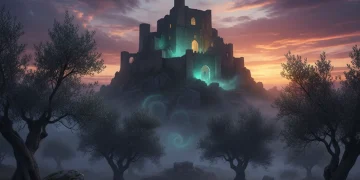 Paisaje místico español al anochecer con un castillo antiguo, evocando leyendas y misterios.