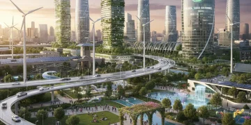 Paisaje urbano futurista y sostenible en España con edificios verdes y energía renovable.