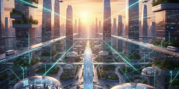 Paisaje urbano futurista con edificios tecnológicos y personas colaborando en innovación, representando el auge de los parques tecnológicos en España.