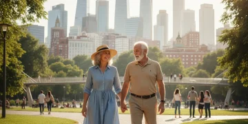 Pareja de mayores sonriendo y paseando, simbolizando la mejora en la calidad de vida de los mayores en España.