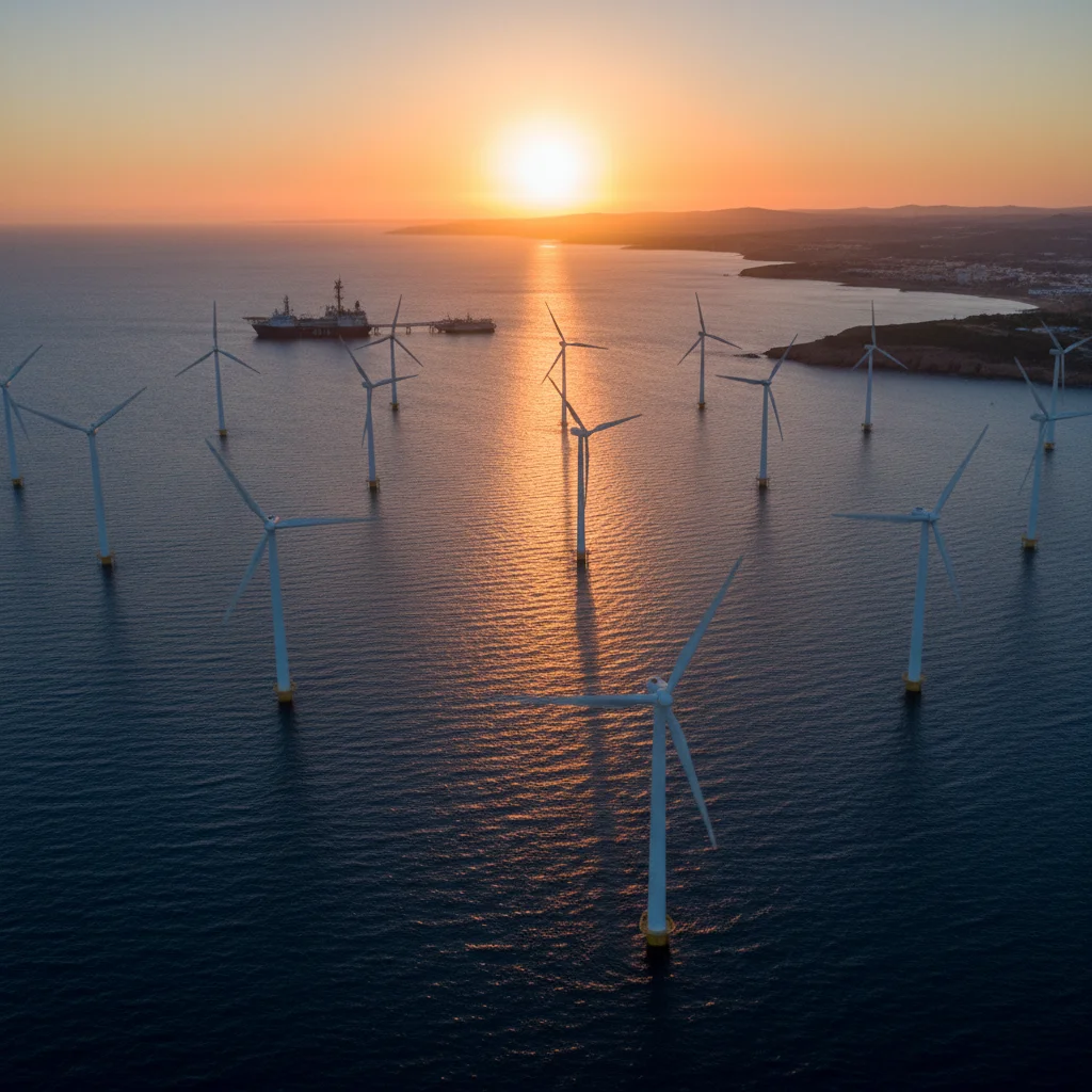 Parque eólico marino en la costa española al atardecer, mostrando la magnitud y el potencial de la energía eólica offshore.