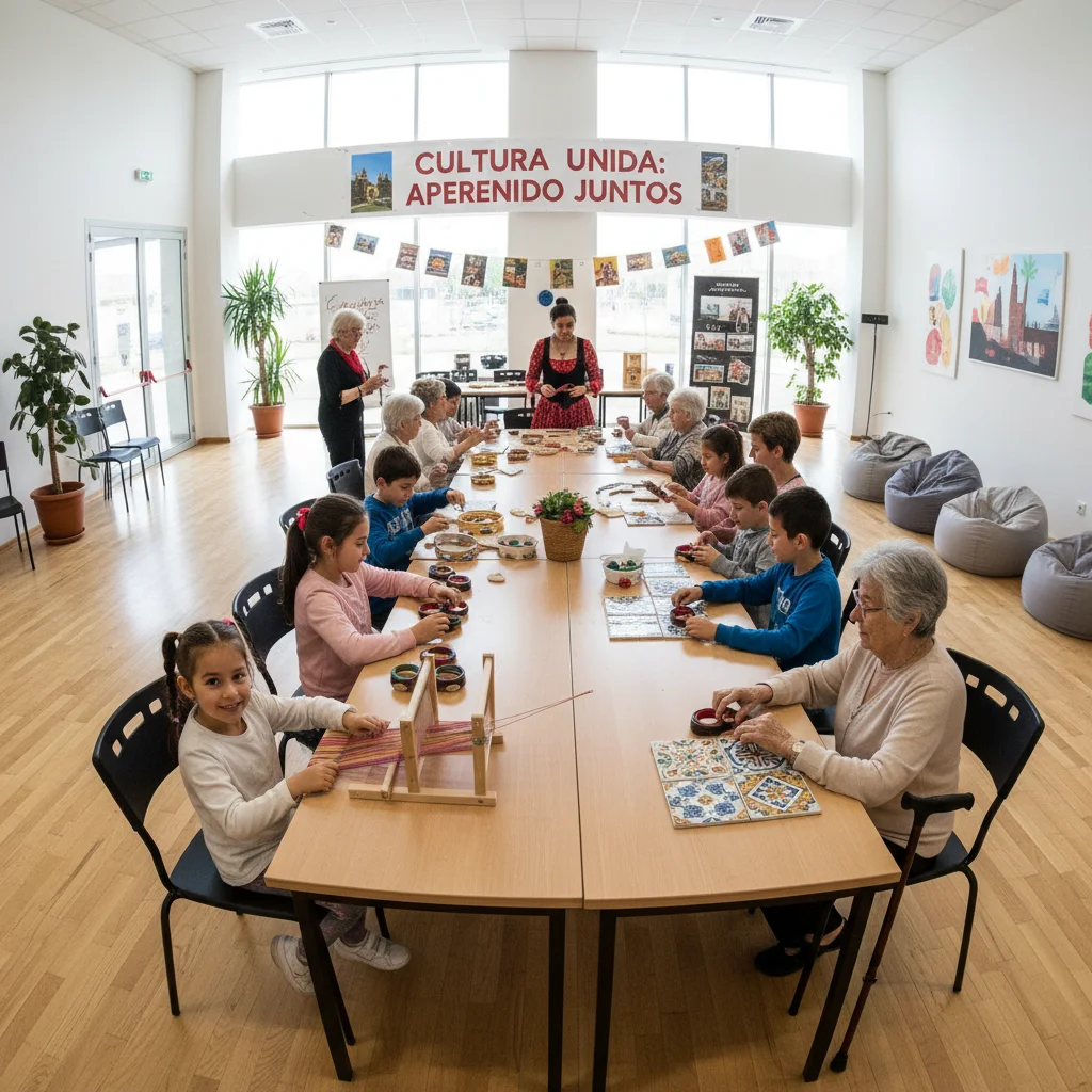 Niños y mayores participando en un taller cultural intergeneracional, fomentando la inclusión.