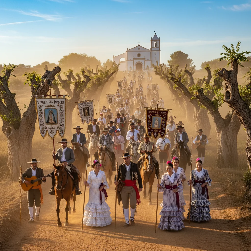 Peregrinos en una romería tradicional española, caminando hacia una ermita o santuario.