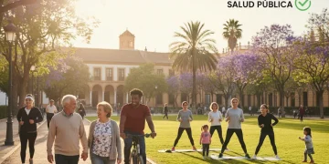 Grupo diverso de personas realizando actividades saludables en un parque, simbolizando la prevención de enfermedades crónicas en España.
