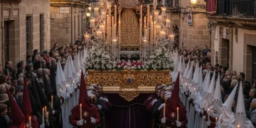 Imponente procesión de Semana Santa con un paso ricamente ornamentado, penitentes y público en las calles de España.