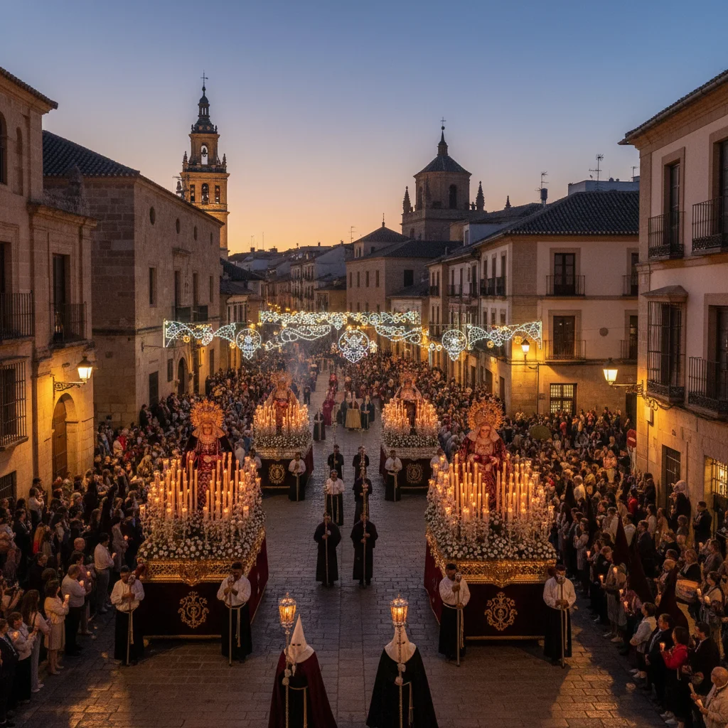 Procesión religiosa nocturna en una ciudad histórica española, con carrozas ornamentadas y espectadores.