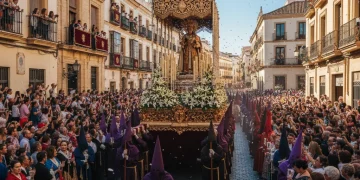 Procesión de Semana Santa en Sevilla, España, con nazarenos y un paso procesional entre una multitud.