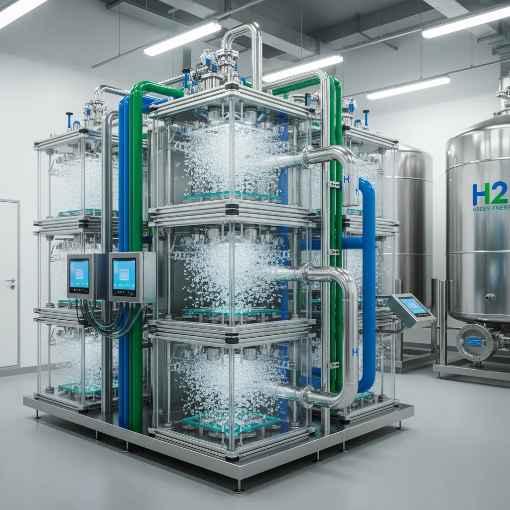Instalación moderna de producción de hidrógeno verde con electrolizadores y tanques de almacenamiento, simbolizando la vanguardia tecnológica.