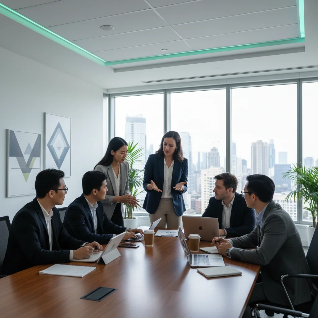 Equipo de profesionales diversos colaborando en estrategias de inversión en un entorno moderno.