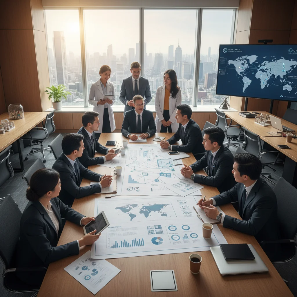 Profesionales farmacéuticos colaborando en una sala de reuniones, representando alianzas estratégicas e internacionalización.