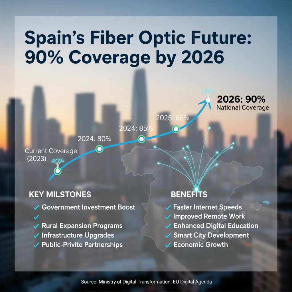 Gráfico de progreso de la cobertura de fibra óptica en España hasta el 90% en 2026, con hitos clave.