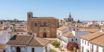 Vista panorámica de un pueblo español con edificios de arquitectura tradicional española.