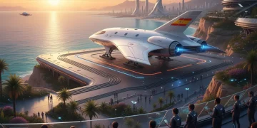 Puerto espacial futurista en España con nave comercial lista para lanzamiento.