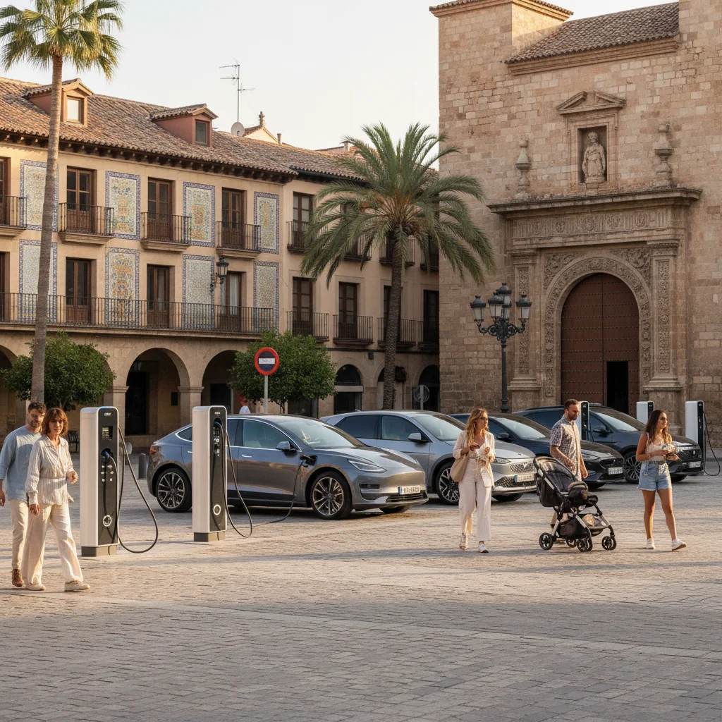 Punto de recarga de vehículos eléctricos en una ciudad española, mostrando la infraestructura de carga y la adopción de la movilidad eléctrica.