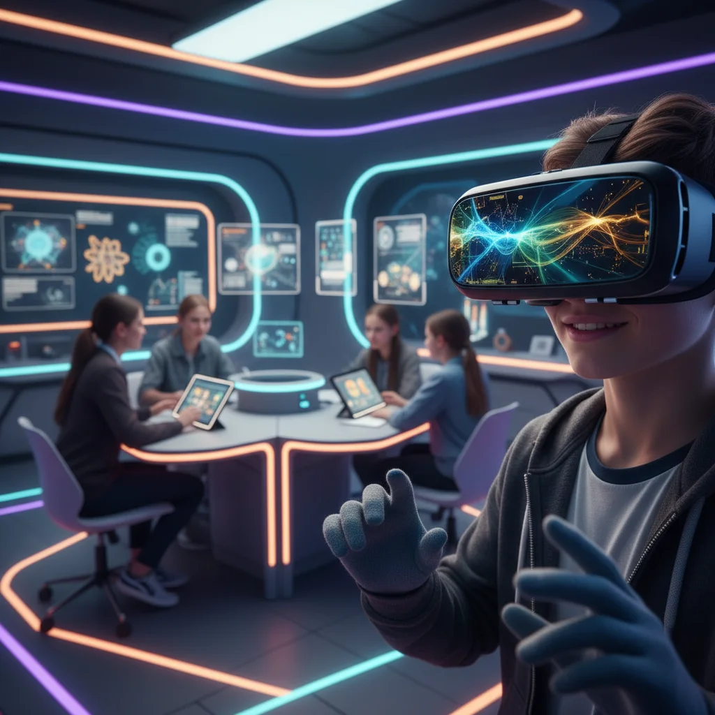 Estudiante usando gafas de realidad virtual para aprender, con compañeros interactuando con tablets en un laboratorio escolar.