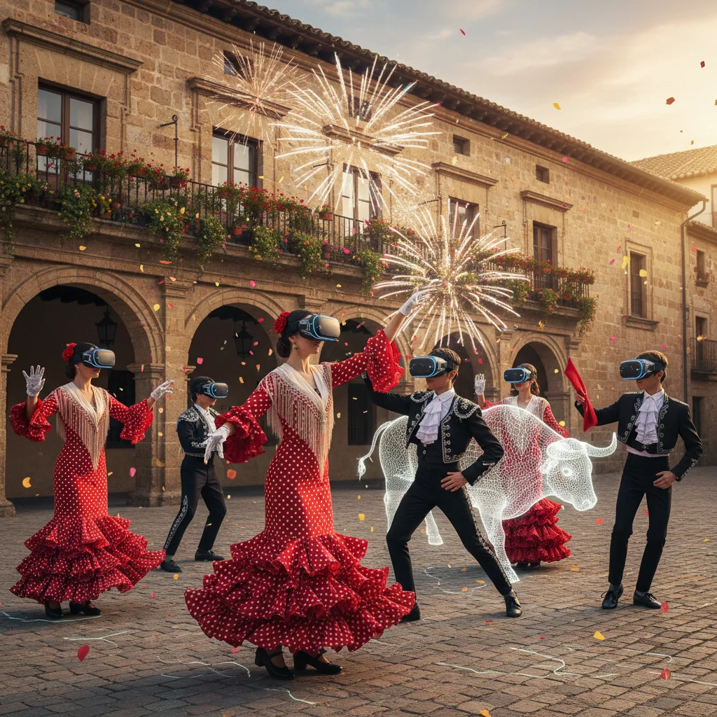 Jóvenes experimentando una fiesta tradicional española a través de realidad virtual, fusionando lo antiguo y lo nuevo.