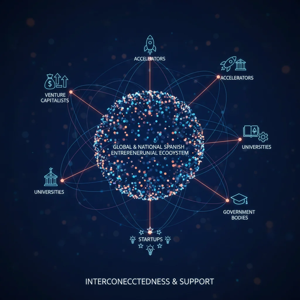 Representación visual de la red de colaboración y apoyo en el ecosistema emprendedor español, conectando inversores, startups y entidades.