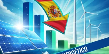 Gráfico que muestra una reducción del 15% en la factura de electricidad en España, con elementos de energía renovable de fondo.