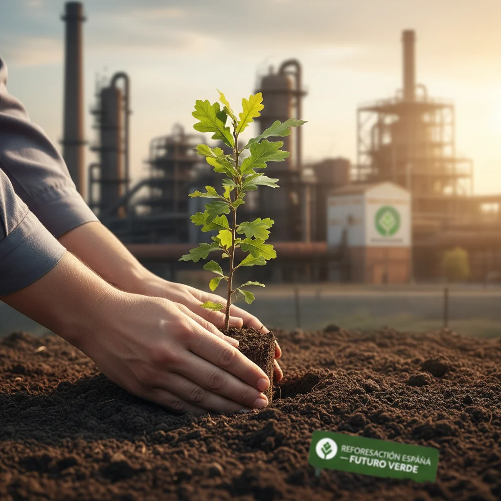 Manos plantando un árbol joven, simbolizando reforestación y compromiso ambiental empresarial.