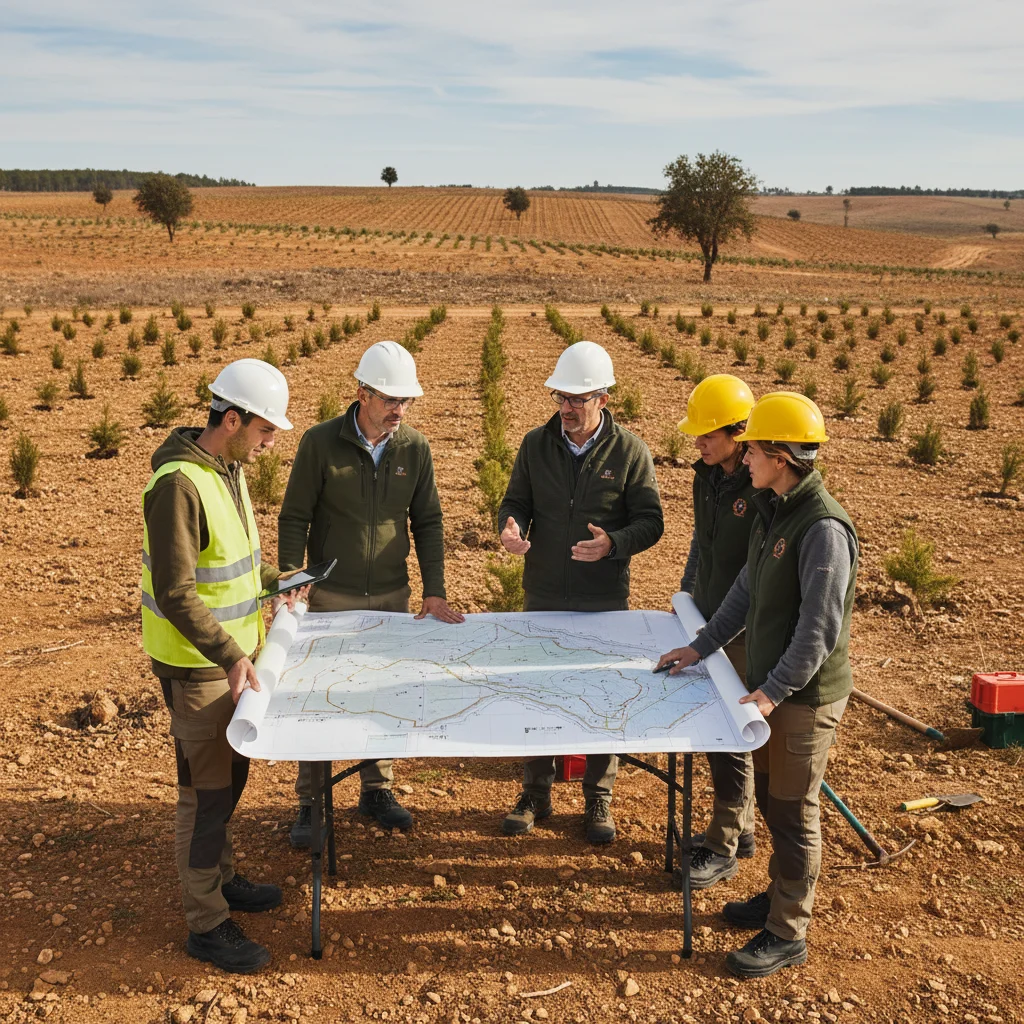 Equipo de expertos revisando planos para un proyecto de reforestación masiva en una zona deforestada de España.
