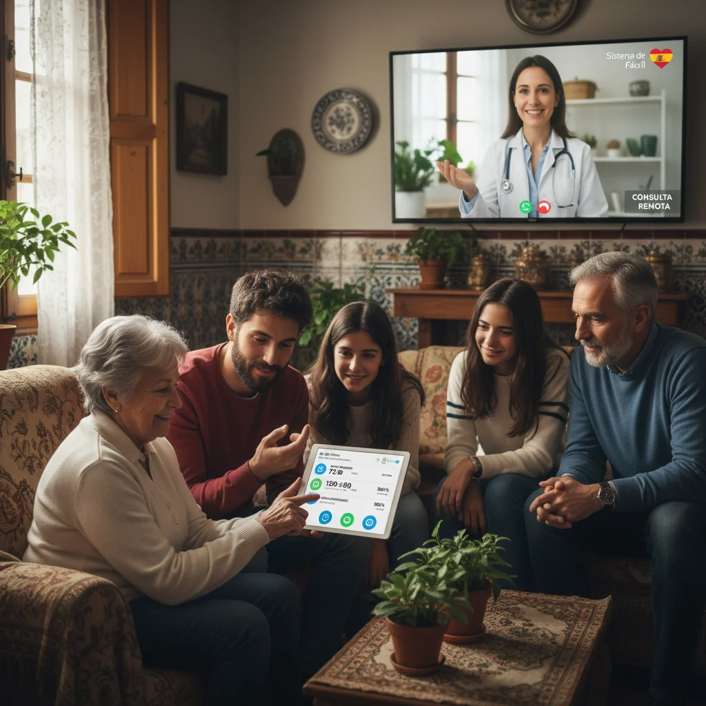 Personas de diferentes edades utilizando un sistema de monitoreo de salud digital español en un hogar, con consulta médica remota.