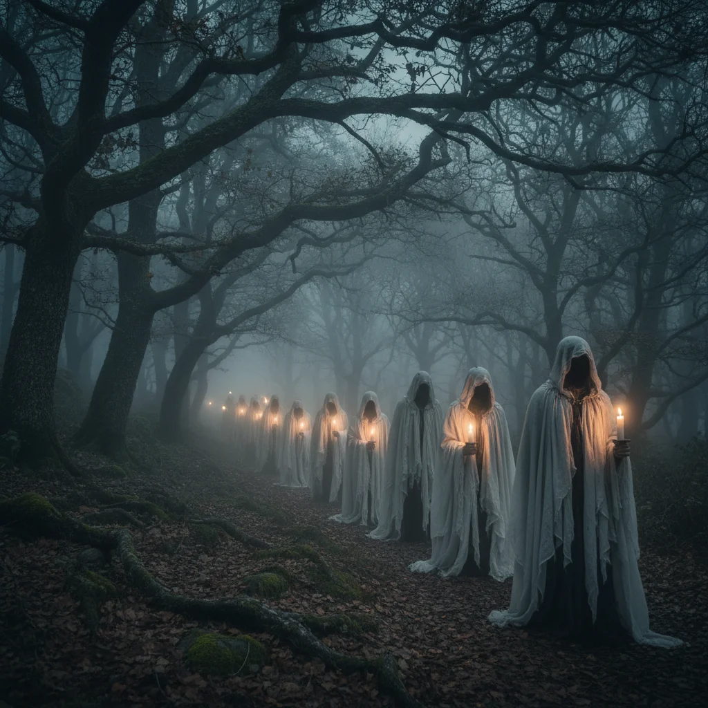 Representación espectral de la Santa Compaña, figuras fantasmales con velas en un bosque oscuro y neblinoso.