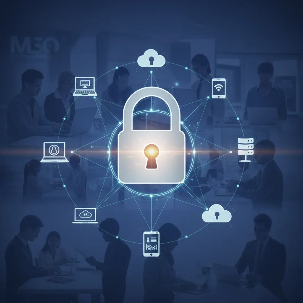 Candado digital sobre red de dispositivos interconectados, simbolizando la seguridad de datos.