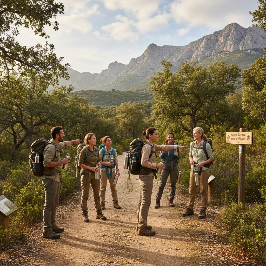 Turistas practicando senderismo sostenible en parque natural español
