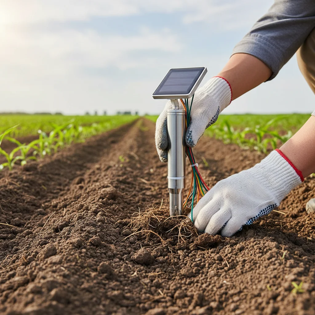 Sensor de suelo inteligente instalado en campo agrícola para monitoreo de humedad y nutrientes.
