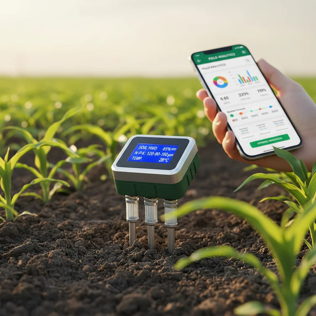 Sensores inteligentes en campo agrícola monitorizando datos