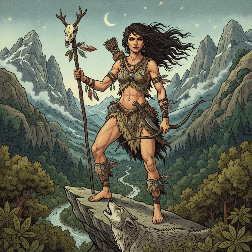 Ilustración de La Serrana de la Vera, una mujer salvaje en un entorno montañoso, símbolo de la fuerza natural.