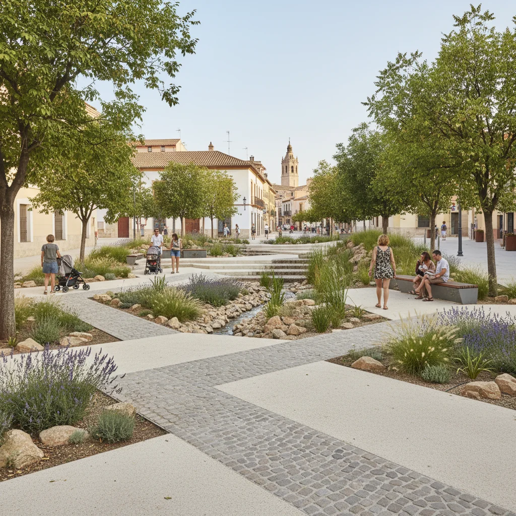Sistema urbano de drenaje sostenible en una ciudad española, con pavimentos permeables y vegetación nativa.