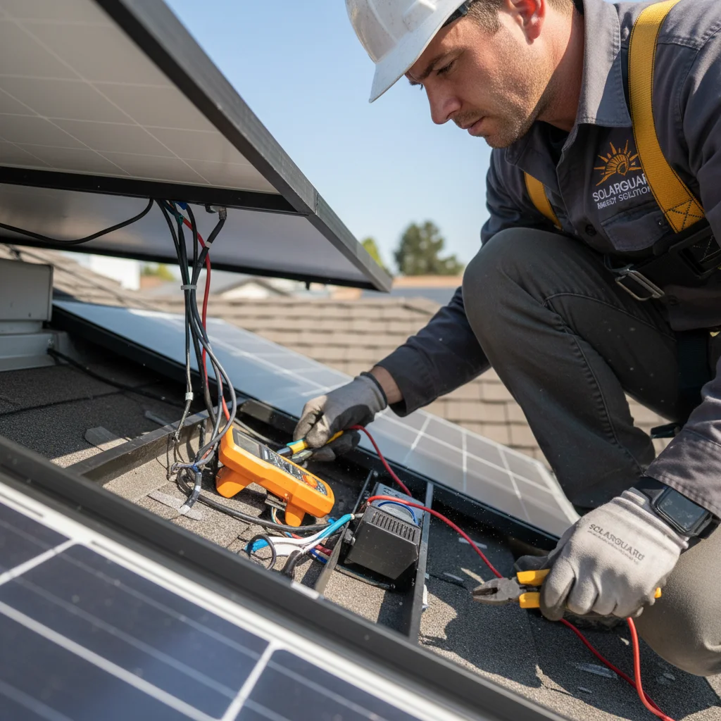 Técnico revisando conexiones en una instalación solar residencial en España.