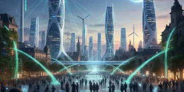 Paisaje urbano español futurista con tecnología avanzada y soluciones verdes, simbolizando el impacto social positivo de la innovación en 2026.