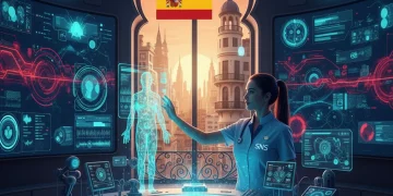 Médico interactuando con tecnología holográfica avanzada en un entorno de salud pública español.