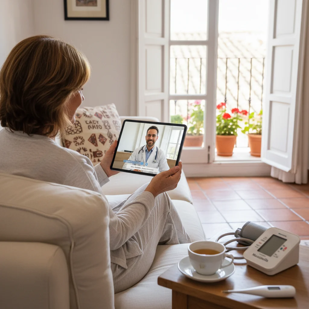 Paciente español recibiendo atención médica a distancia mediante telemedicina.
