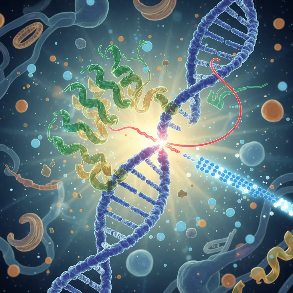 Ilustración de la tecnología CRISPR-Cas9 editando ADN, representando avances en terapia génica.