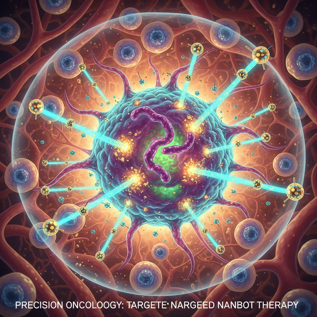 Ilustración de una célula cancerosa siendo atacada por una terapia innovadora, representando la precisión de los tratamientos oncológicos.