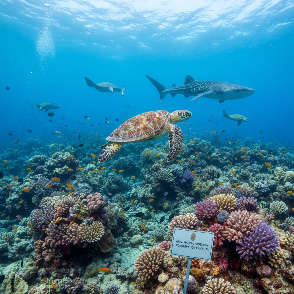 Tortuga boba nadando en un arrecife de coral en una zona marina protegida española, ejemplo de conservación marina.