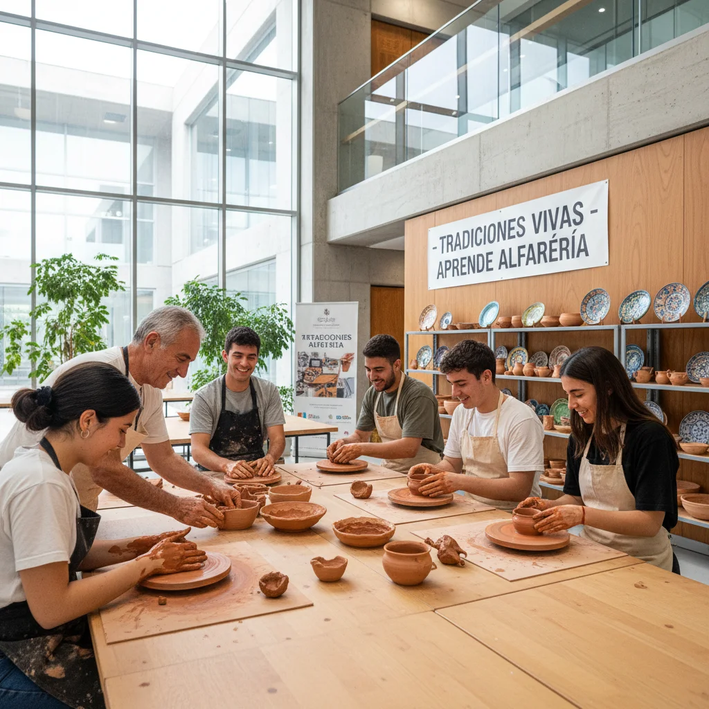 Jóvenes aprendiendo oficios tradicionales españoles, simbolizando la transmisión intergeneracional del patrimonio inmaterial.