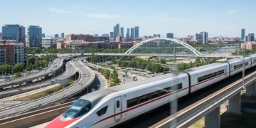 Tren de alta velocidad moderno en España, simbolizando la eficiencia del transporte público.