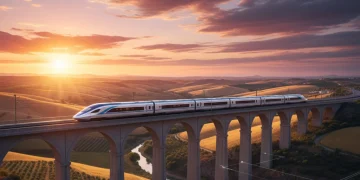 Tren de alta velocidad moderno cruzando un viaducto en España al atardecer, símbolo de avance y conectividad.