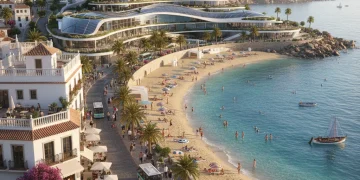 Paisaje costero español con turismo sostenible y energía renovable