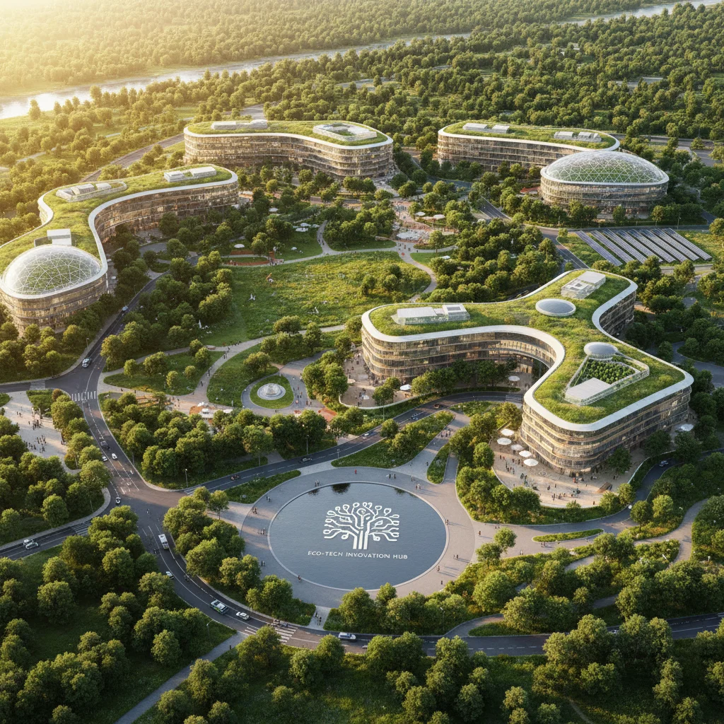 Vista aérea de un parque tecnológico con edificios modernos y zonas verdes, representando un ecosistema de innovación y desarrollo sostenible.