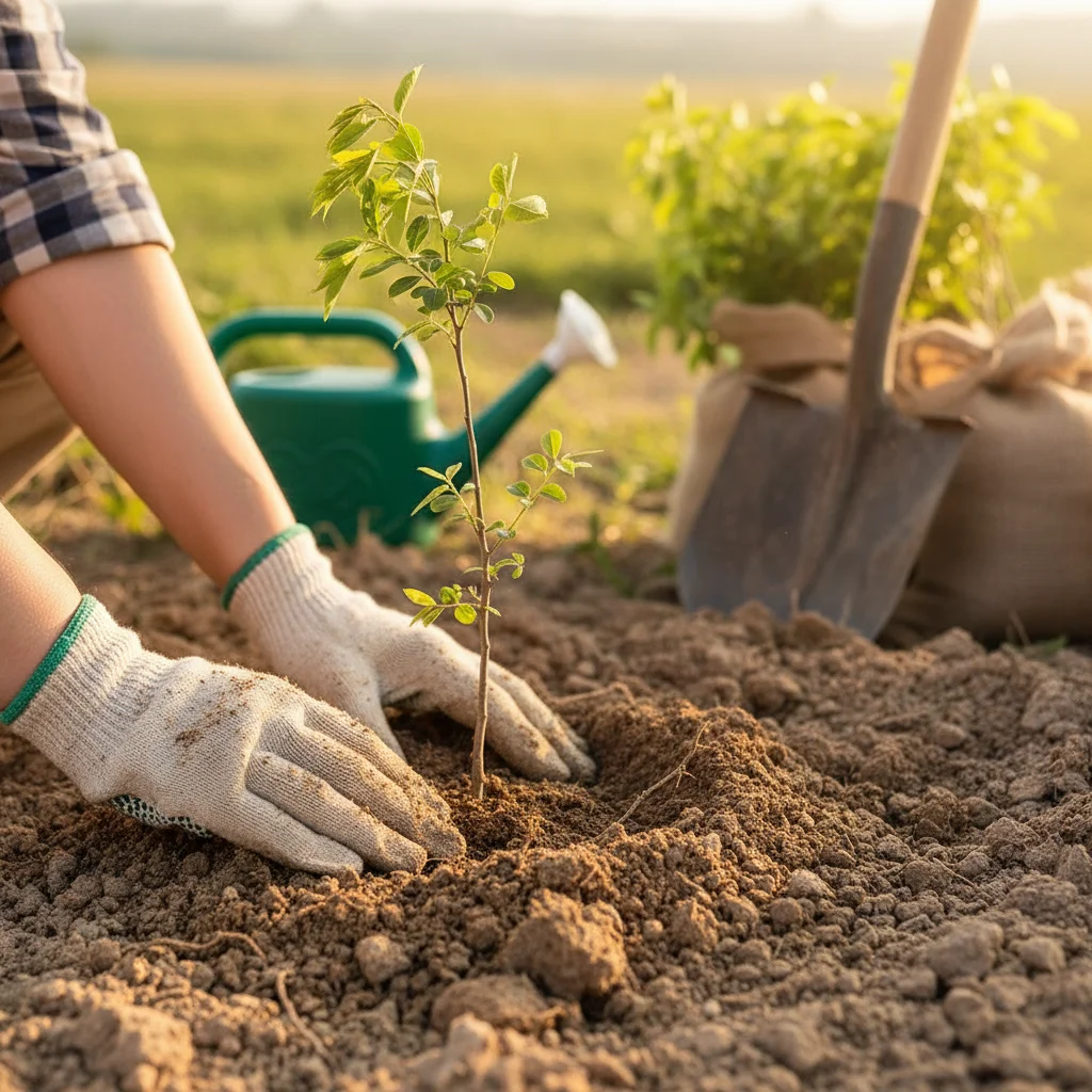 Voluntario plantando cuidadosamente un pequeño árbol en un proyecto de reforestación en España.