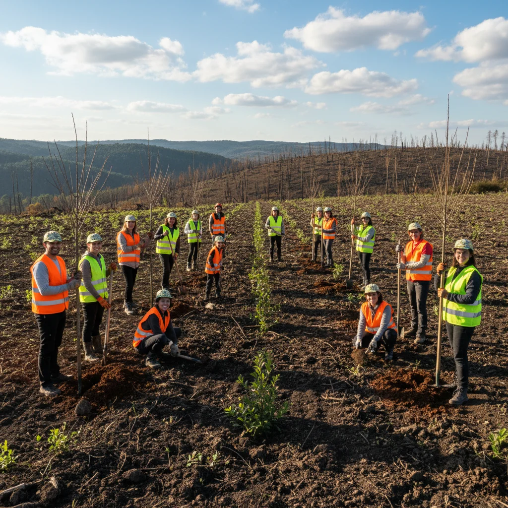 Voluntarios de todas las edades plantando árboles jóvenes en una zona reforestada de España, mostrando el compromiso comunitario con la sostenibilidad y la recuperación ambiental.