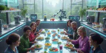 2026 US Diet Trends: Hype vs. Healthy - Insider Knowledge Revealed Futuristic kitchen with diverse people enjoying healthy, colorful meals and smart technology.