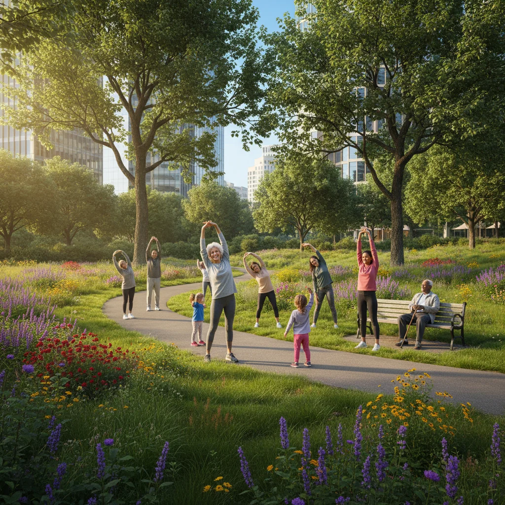 Personas de diferentes edades realizando actividades físicas en un parque urbano soleado.