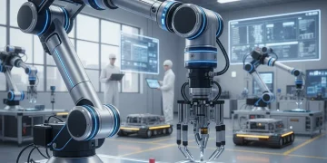 Achieving 30% Efficiency: Advanced Robotics in US Manufacturing by 2026 Advanced robotic arm working on an assembly line in a modern US manufacturing facility, showcasing precision and automation.